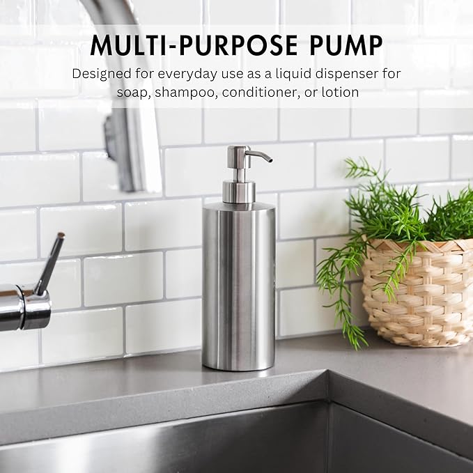 Silver Soap Dispenser for Kitchen & Bathroom – 15 oz Refillable Pump Bottle for Dish Soap, Hand Soap, Shampoo, Conditioner – Modern Countertop Dispenser with Non-Slip Protective Pads