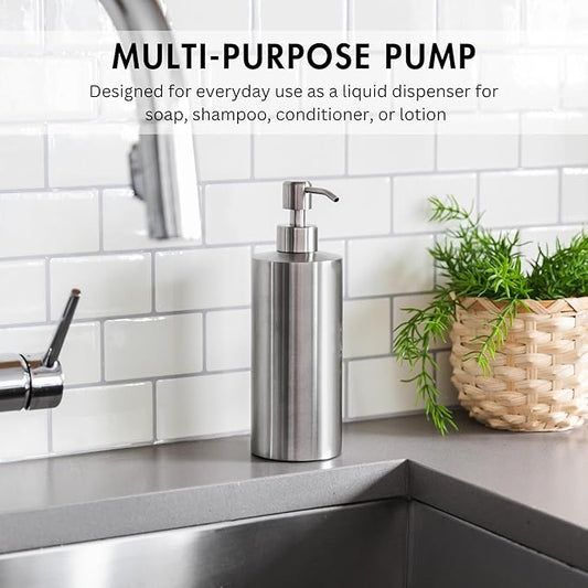 Silver Soap Dispenser for Kitchen & Bathroom – 15 oz Refillable Pump Bottle for Dish Soap, Hand Soap, Shampoo, Conditioner – Modern Countertop Dispenser with Non-Slip Protective Pads