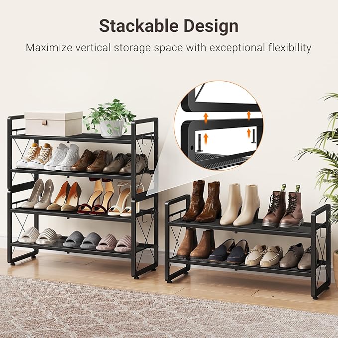 ELYKEN Shoe Rack, 4-Tier Expandable Shoe Organizer for Entryway, Metal Black Shoe Shelf with 4 Hooks, Adjustable Shoe Stand Holder for Closet, Garage, Door Entrance