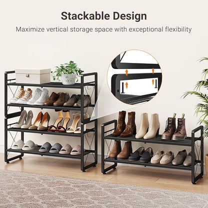 ELYKEN Shoe Rack, 4-Tier Expandable Shoe Organizer for Entryway, Metal Black Shoe Shelf with 4 Hooks, Adjustable Shoe Stand Holder for Closet, Garage, Door Entrance