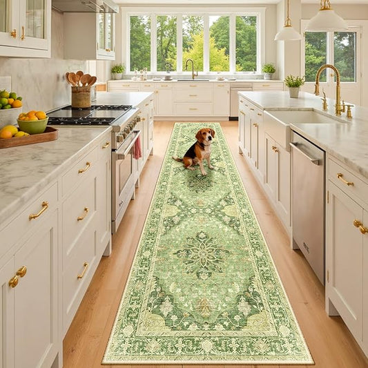 RELEANY Area Rugs Runner 3'x10' Washable Non-Slip, Floral Vintage Distress Medallion Carpet for Kitchen Hallway Bedroom Beside Laundry Room Bathroom, Sage Green Yellow