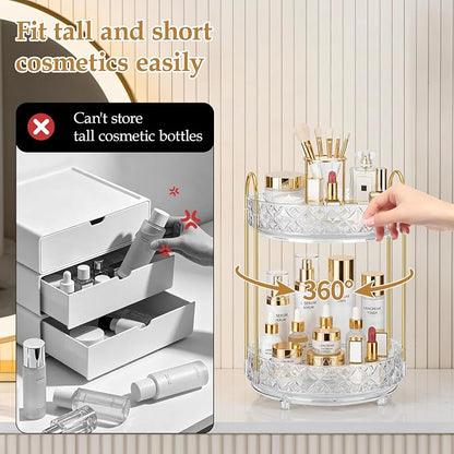 360 Rotating Makeup Organizer for Vanity, 2 Tier Adjustable Perfume Organizer for Dresser, Multi-Function Spinning Cosmetics Skincare Storage for Bedroom, Dresser, Countertop, Clear