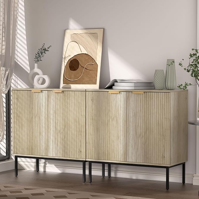 Fluted Sideboard, Buffet Cabinet with Storage, Wooden with Doors and Shelves, Accent Cabinet for Living Dining Room, Entryway