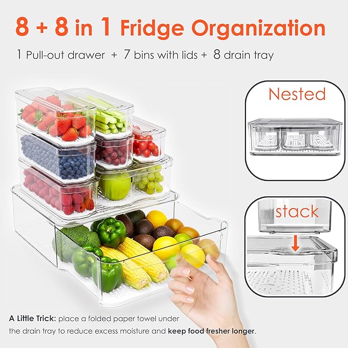 Fridge Organizers and Storage, 8 Pack Clear Freezer Organizer Bins with Lids for Kitchen, Pantry, Refrigerator, Food, Fruit, Vegetable Storage (8 Bins (Include Pull-out Drawer))