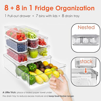 Fridge Organizers and Storage, 8 Pack Clear Freezer Organizer Bins with Lids for Kitchen, Pantry, Refrigerator, Food, Fruit, Vegetable Storage (8 Bins (Include Pull-out Drawer))