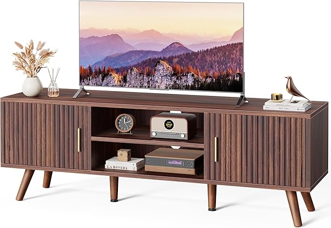 SUPERJARE TV Stand for 55 Inch TV, Entertainment Center with Adjustable Shelf, 2 Cabinets, TV Console Table, Media Console, Solid Wood Feet, Cord Holes, for Living Room, Bedroom, Walnut