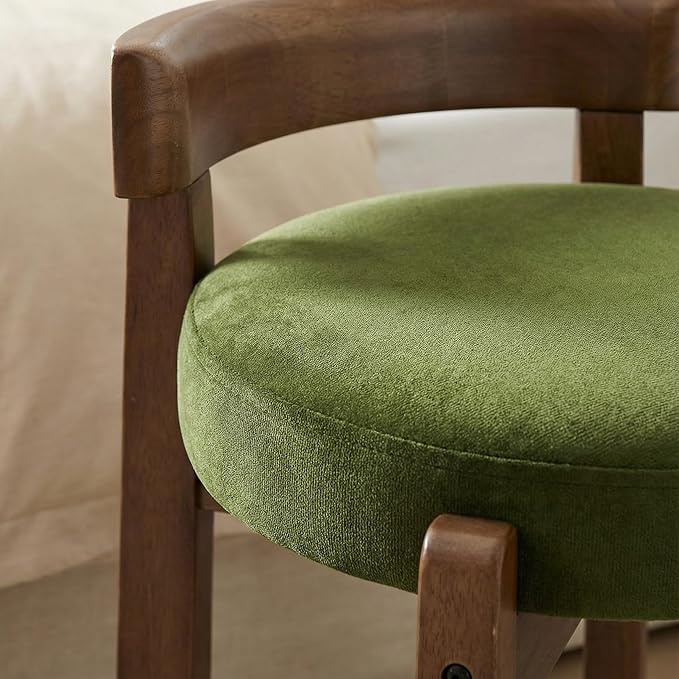 HNY Velvet Makeup Stool in Vintage Green: Compact Round Ottoman Chair with Wooden Legs, Perfect for Small Spaces Like Entryway, Cloakroom & Boudoir