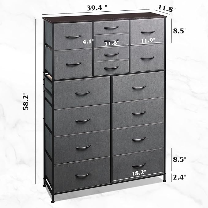 Tall Console Table with 16 Fabric Drawers, Entryway Table with Storage, Large Storage Organizer with Wood Top, Steel Frame for Living Room, Hallway, Office, Dark Grey