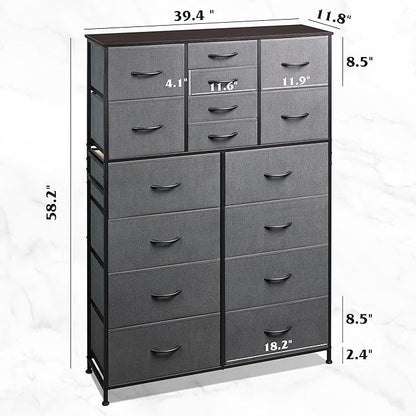 Tall Console Table with 16 Fabric Drawers, Entryway Table with Storage, Large Storage Organizer with Wood Top, Steel Frame for Living Room, Hallway, Office, Dark Grey