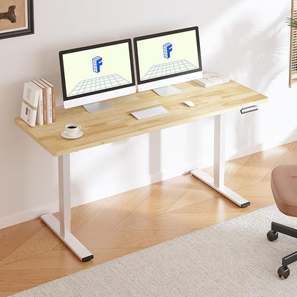 FLEXISPOT E3 Solid Wood Dual Motor Electric Standing Desk 55 x 24 Sit Stand Desk, Holds 220 lbs, Adjustable Height w/Memory Presets, Butcher Block Rubberwood Desktop & White Frame, Ships in 2 Boxes