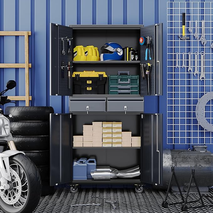 Metal Garage Storage Cabinet with 2 Drawers and 2 Adjustable Shelves, Rolling Tool Storage Cabinet with Wheels and Locking Doors for Garage, Warehouse, Assembly Required, Black and Dark Gray