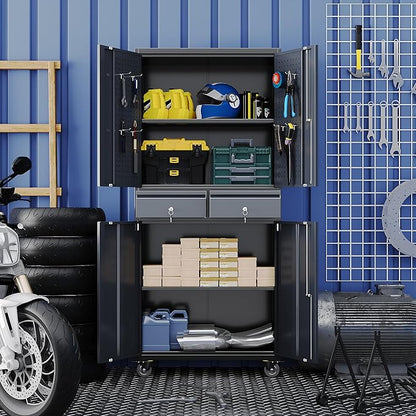 Metal Garage Storage Cabinet with 2 Drawers and 2 Adjustable Shelves, Rolling Tool Storage Cabinet with Wheels and Locking Doors for Garage, Warehouse, Assembly Required, Black and Dark Gray