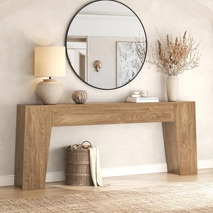 Extra Long Sofa Console Table for Entryway, 78-Inch Large Farmhouse Wood Behind Couch Table, Modern Trapezoid Accent Entrance Table for Foyer Living Room Hallway Home, Natural Oak Brown
