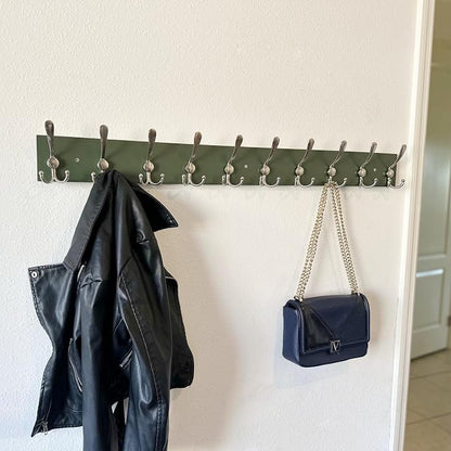 SKOLOO Creations Forest Green Solid Wood Wall Mounted Coat Rack, 10 Hooks, 38-1/8" Long - Kitchen, Mudroom, Entryway, Bathroom - Includes Mounting Hardware, Wall Coat Hanger, Towel Rack