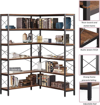 Wildhome 6-Shelf Corner Bookshelf, Vintage Industrial L Shaped Bookshelf Etagere Bookcase, Corner Shelf with Metal Frame Open Storage Rack Corner Book Shelf for Home Office Living Room (Retro Brown)