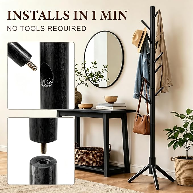 2 PC Wooden Coat Rack Freestanding with 8 Hooks & 3 Adjustable Sizes for Clothes, Space-Saving Design for Bedroom Office Entrance Holds Hats Coats Scarves Bags