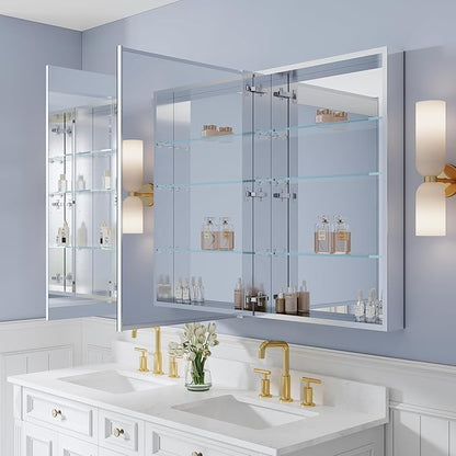 WELLFOR 64" x 36" Bathroom Medicine Cabinet with Mirror, Anodized Chrome Aluminum Frame, Surface Mount or Recessed Medicine Cabinet with Mirror, Bathroom Mirror with Storage, Three Doors