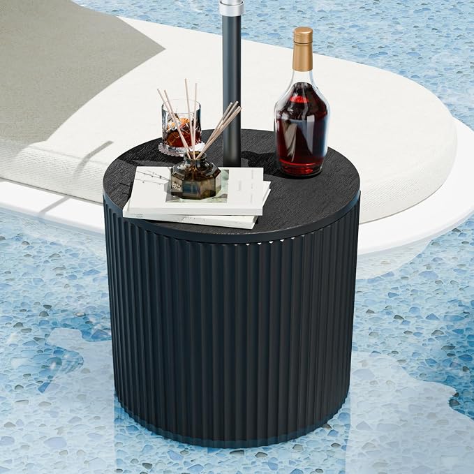 Outdoor Umbrella Stand with Hole, in Pool Umbrella Stand with Weighted Water Filled Bladder, Fluted Vertical Ribbed Design, All Weather Umbrella Side Table Base, Patio Umbrella Base, Black
