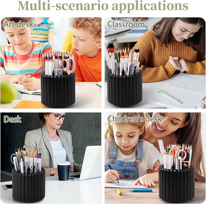 Anyoifax 360° Rotating Pen Holder 7 Slots Desk Organizer Removable Pencil Cup Plastic Art Supplies and Accessories Desktop Storage Box Caddy for Office, School, Home (Black)