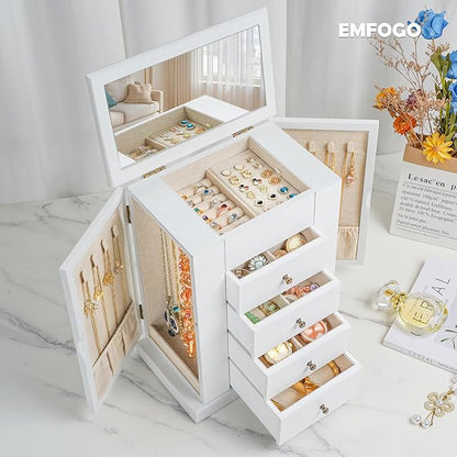 Emfogo Jewelry Box for Women, 5 Layer Large Wood Jewelry Boxes & Organizers for Necklaces Earrings Rings Bracelets, Rustic Jewelry Organizer Box with Drawers and Mirror (Vintage White)