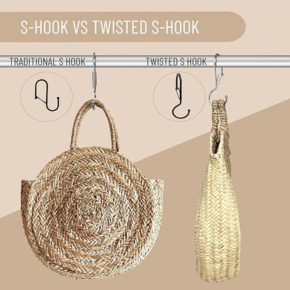 6 Purse Hanger for Closet. Tote Hanger. S-Shaped Hooks S Hooks Twist Design. Anti Drop S-Shaped Hook for hanging handbags with Safety Buckle to Prevent Falls. Heavy Duty. (Silver, Twisted)