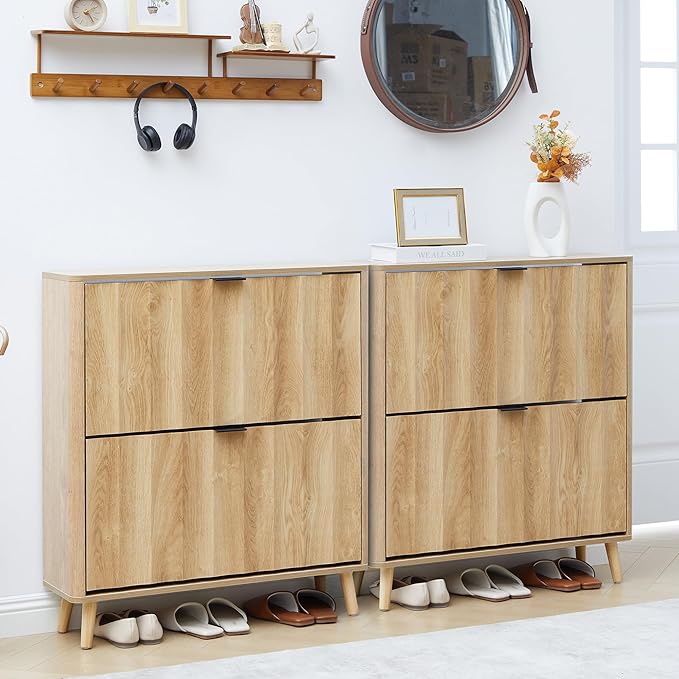 31.5” Fluted Shoe Cabinet Storage with 2 Flip Drawers,Narrow Freestanding Shoe Storage Organizer,Slim Shoe Rack Cabinet for Entryway,Hallway (Natural)