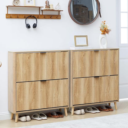 31.5” Fluted Shoe Cabinet Storage with 2 Flip Drawers,Narrow Freestanding Shoe Storage Organizer,Slim Shoe Rack Cabinet for Entryway,Hallway (Natural)