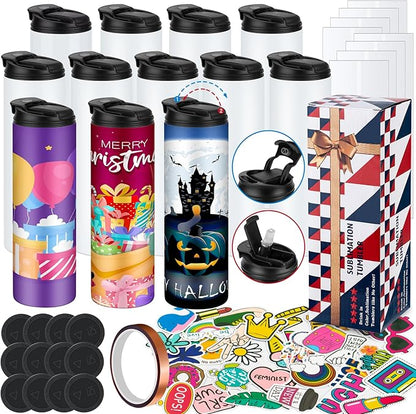 12 Pack 20 oz Sublimation Tumblers Dual Opening Blank Bottles Triple-Insulated Stainless Steel Water Bottle with Straw Lid Blank Tumbler Bulk with Shrink Wrap, Rubber Base, Heat Tape for Heat Transfer