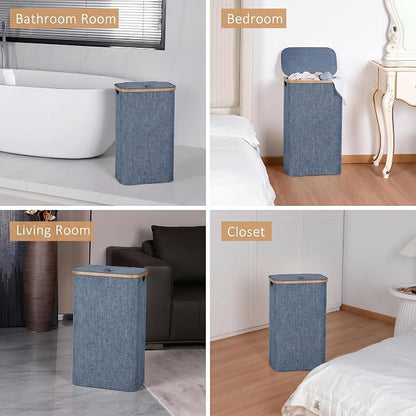 iEGrow 65L Slim Laundry Hamper, Narrow Laundry Basket with Lid,Foldable Clothes Hamper with Bamboo Handles,Hamper Basket with Removable Inner Bag for Laundry Room Bedroom College Dorm,17.17 Gals Blue