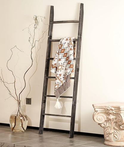 Blanket Ladder for The Living Room 6-Tier, Wooden Decorative Quilt Holder for Bed Room, Wall-Leaning Wood Towel Rack for Bathroom，Rustic Farmhouse Ladders for Display.(Black Wash)