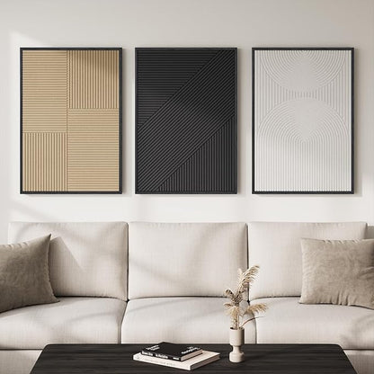 Framed 3D Textured Black and White Abstract Wall Art for Living Room, Large 3 Piece Boho Modern Artworks, Minimalist Brown Geometric Sandstone Prints for Entryway Hallway Office Wall Decor, 24x36 In