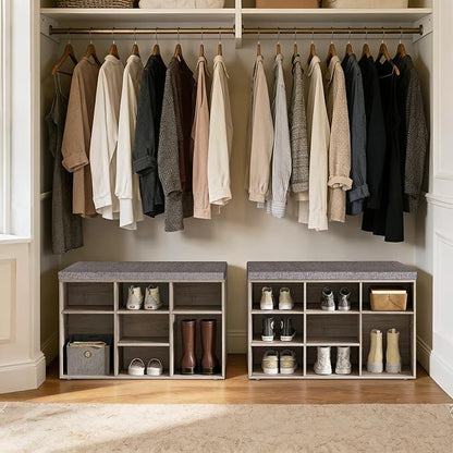 DINZI LVJ Shoe Bench, 9 Cubbies Shoe Organizer for Entryway, Storage Bench with Cushion, Cubby Shoe Rack with Adjustable Shelves for Living Room, Bedroom, Mudroom, Hallway, Greige