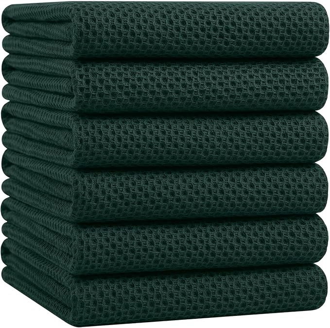 Homaxy 100% Cotton Oversized Waffle Weave Kitchen Dish Towels, Ultra Soft Absorbent Quick Drying Cleaning Towel, 20x28 Inches, 6-Pack, Blackish Green