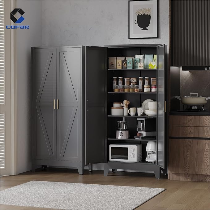 COFaR 71 in Tall Kitchen Pantry Cabinet, Metal Pantry Storage Cabinet with 4 Adjustable Shelves and 2 Barn Doors, Freestanding Farmhouse Food Cupboard for Dining Room Garage, Black 5-Tier