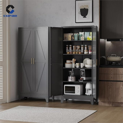 COFaR 71 in Tall Kitchen Pantry Cabinet, Metal Pantry Storage Cabinet with 4 Adjustable Shelves and 2 Barn Doors, Freestanding Farmhouse Food Cupboard for Dining Room Garage, Black 5-Tier
