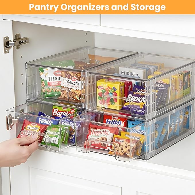 2 Pack Stackable Storage Drawers,Plastic Organizers Bins, Drawers Storage with Handles and Movable Dividers for Organization and Storage in Fridge,Bathroom, Pantry, Kitchen Cabinets, Under Sink