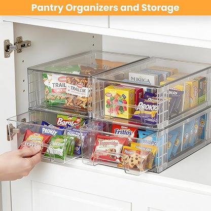 6 Pack Stackable Storage Drawers,Plastic Organizers Bins, Drawers Storage with Handles and Movable Dividers for Organization and Storage in Fridge,Bathroom, Pantry, Kitchen Cabinets, Under Sink