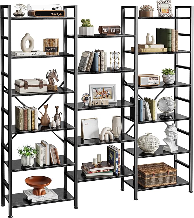 SUPERJARE Triple Bookshelf, Bookcase with 11 Open Display Shelves, Wide Book Shelf Book Case for Home & Office, 6 Tier, Black