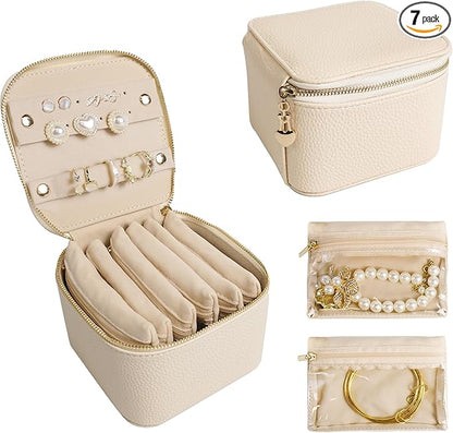 Travel Jewelry Case, Small Travel Jewelry Box with 6 Velvet Jewelry Bag Mini Pouch, Portable Travel Jewelry Organizer for Rings Earrings Necklaces, Beauty Gifts for Women Girls (Beige)
