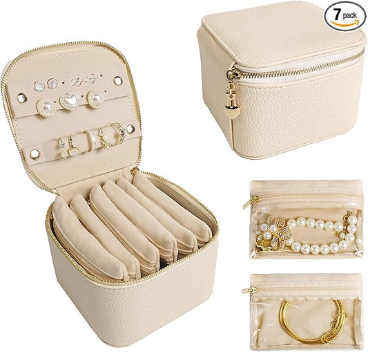 Travel Jewelry Case, Small Travel Jewelry Box with 6 Velvet Jewelry Bag Mini Pouch, Portable Travel Jewelry Organizer for Rings Earrings Necklaces, Beauty Gifts for Women Girls (Beige)