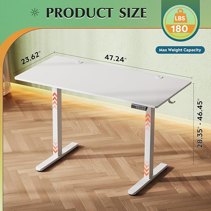 DEVAISE Upgraded 48 x 24 Inch Standing Desk, One-Piece Desktop Electric Standing Desk with Adjustable Height, 3-Preset Memory Sit Stand up Desk, Computer Desk for Home, Office (White)