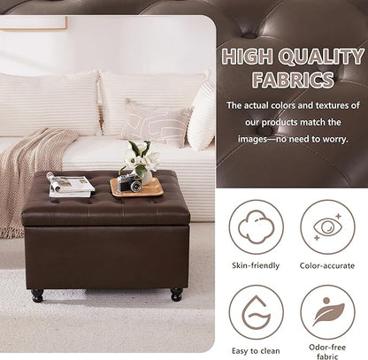 Weture 30 Inch Large Square Storage Ottoman Coffee Table, Oversized Square Ottoman with Storage, Tufted Upholstered Coffee Tables for Living Room (Leather, Brown)