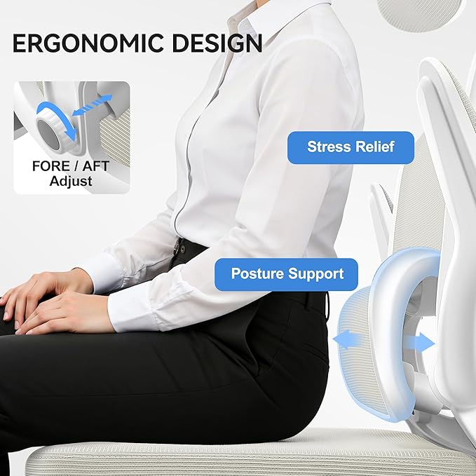 Ergonomic Office Chair, Mesh Desk Chair with Lumbar Support, High Back Home Office Chair with Adjustable Headrest and Flip-Up Arms, Comfortable Computer Chair, Thick Cushion, 300 LBS, White