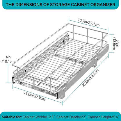 Pull Out Cabinet Organizer 11" W X 22" D, Slide Out Drawers For kitchen organizers and storage, Pull Out Drawers For Cabinets Capacity Heavy Duty Caddy, Cabinet Shelves Chrome-Plated, Bathroom Pantry