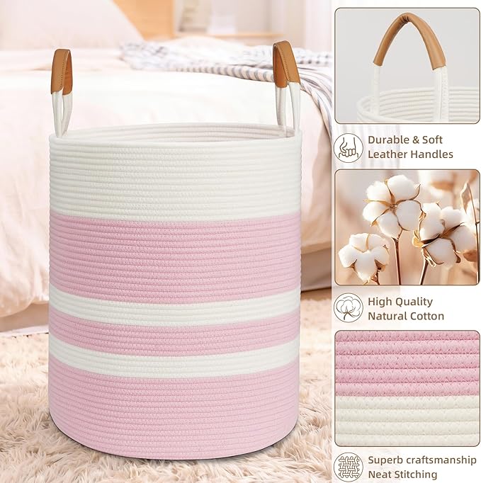 Degeyoyo 60L Striped Laundry Basket, Pink Laundry Hamper with Leather Handles, Woven Cotton Rope Storage Bin for Blankets, Nursery Hamper for Clothes, Toys In Bathroom, Livingroom, Bedroom