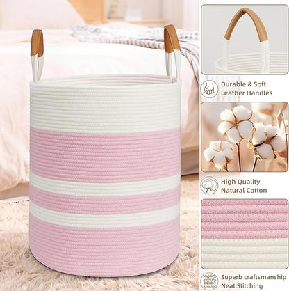 Degeyoyo 60L Striped Laundry Basket, Pink Laundry Hamper with Leather Handles, Woven Cotton Rope Storage Bin for Blankets, Nursery Hamper for Clothes, Toys In Bathroom, Livingroom, Bedroom