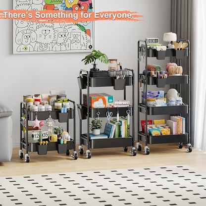 2 Tier Small Rolling Cart Metal with Wheels, Black Under Desk Storage Carts on Wheels, Short Utility Roller Shelf Trolley Organizer for Pantry, Kitchen, Office, Two Tiered Mobile Side Table, 22in Tall