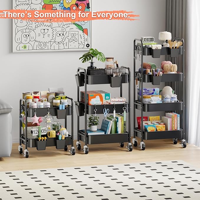 4 Tier Rolling Cart Metal with Wheels, Black Four Tiered Rolling Storage Cart on Wheels, Utility Roller Carts Organizer for Art, Craft, Baby Diaper Caddy, Snack, Book, Large-Capacity Shelving Units
