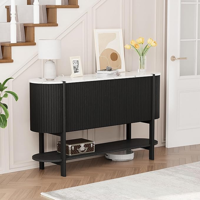 Console Table with Storage, Fluted Entryway Table with 2 Doors and Open Shelf, Long Sofa Table Behind Couch for Living Room, Hallway (Black)