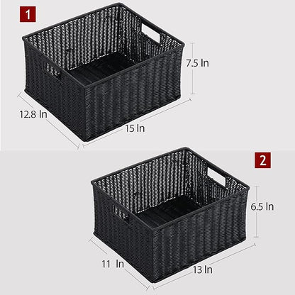 HOONEX Large Wicker Baskets for Storage, Plastic Baskets for Organizing with Dual Handles, Woven Baskets for Storage, Set of 2, (Black, 15 x 12.8 x 7.5 inches)